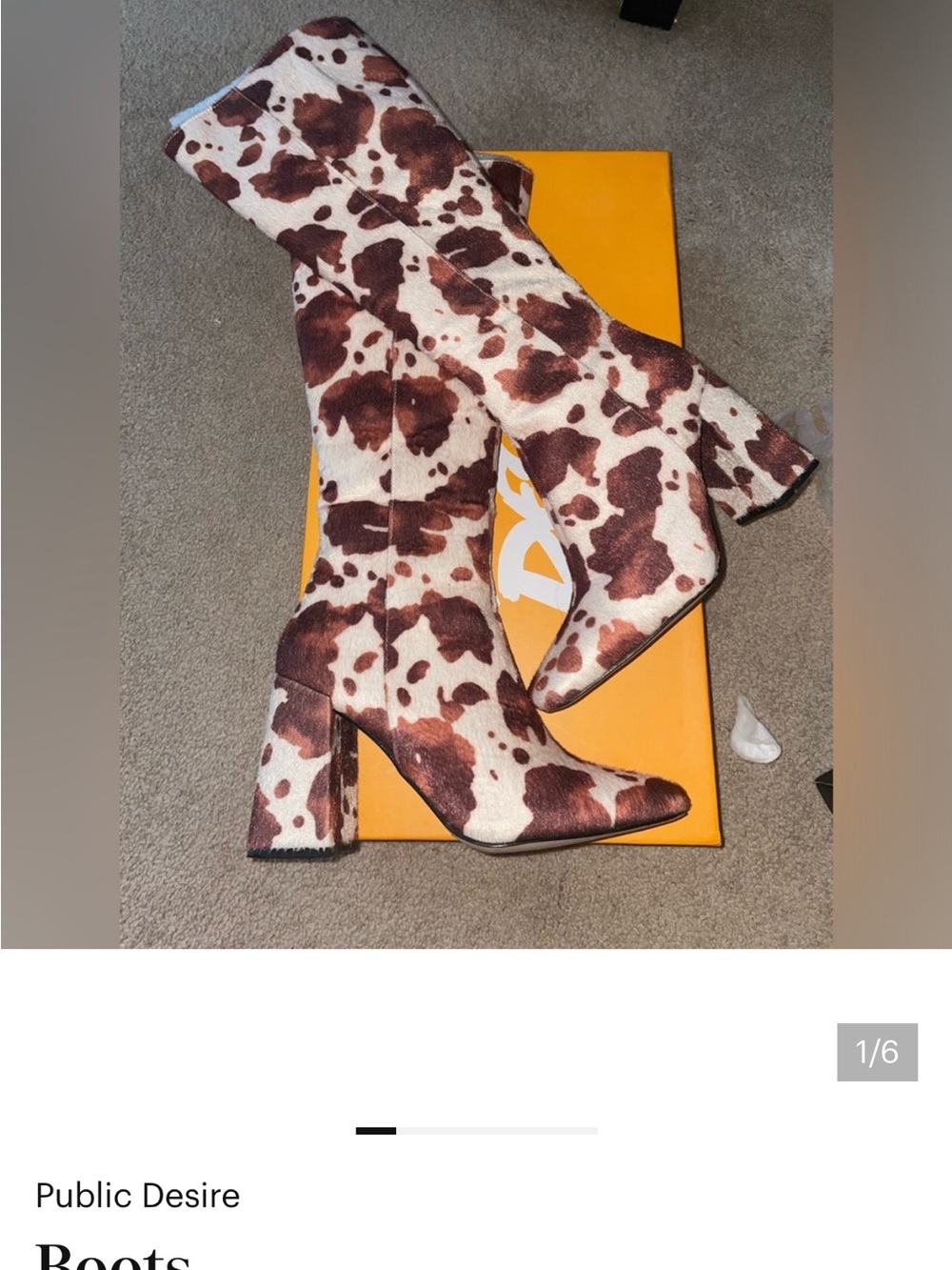 Public Desire Brown and Cream Cow Print Over-The-Knee Block Heel Boots